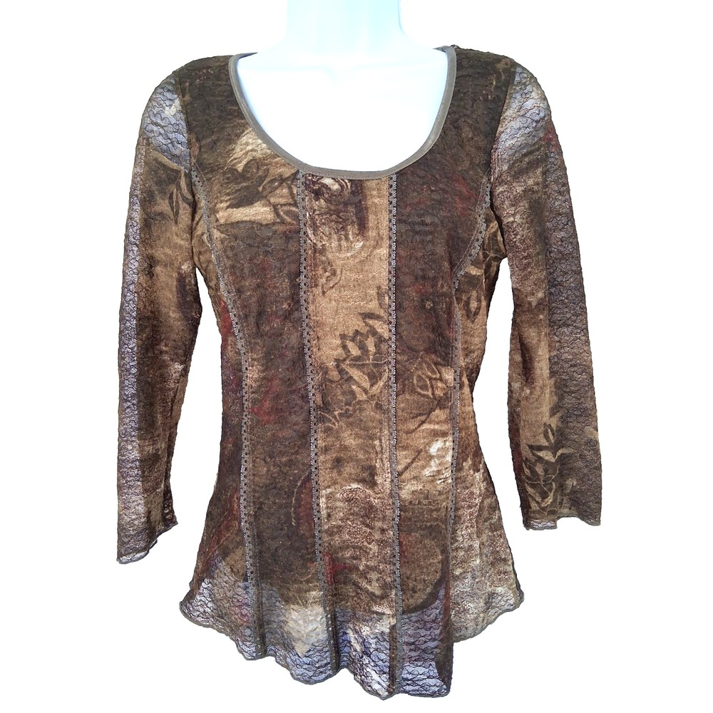 Vintage‎ Mesh Tulle Overlay Top Lace Trim Seams Sheer Sleeve Size Small Boho